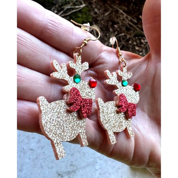 Rudolph Reindeer Earrings Handmade Christmas Whimsical Hooks Glitter Acc… - Picture 7 of 12